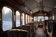 Opulent train interior travelling through snowy landscape. Large windows display wintery scenery. Generative AI