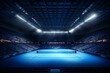 Illuminated modern tennis arena with blue court, fans, and spotlights. 3D illustration of professional tennis sport. Generative AI