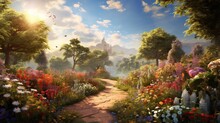 Design A Realistic Scene Capturing A Sunlit Garden With A Variety Of Colorful Flowers, Each Species Showcasing Its Unique Beauty