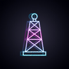 Wall Mural - Glowing neon line Oil rig icon isolated on black background. Gas tower. Industrial object. Vector