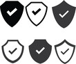 © Rabia - Safe protection logo - shield and black check mark or tick symbol. Defense, security and safety vector icon.