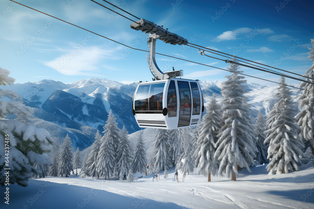 New modern cabin ski lift gondola against snowcapped forest tree and ...