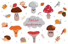 Cute Cartoon Funny Autumn Set. Collection Of Mushrooms, Birds, Leaves, Rowan, Snails And Acorn. Kids Season Vector Illustration Isolated On White Background