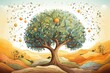 Illustration of a religious holiday greeting card for Tu Bishvat, a Jewish holiday celebrating the new year for trees. Artistic background. Generative AI