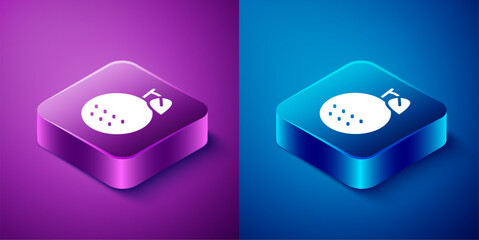 Canvas Print - Isometric Orange fruit icon isolated on blue and purple background. Square button. Vector