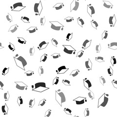 Sticker - Black Graduation cap icon isolated seamless pattern on white background. Graduation hat with tassel icon. Vector