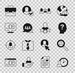 Wall Mural - Set Work time, Magnifying glass for search job, Worker, Exchange work, Project team base, Search, Briefcase and Productive human icon. Vector