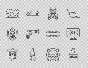 Poster - Set line Pirate flag, Alcohol drink Rum, Skull on crossbones, Gallows rope loop hanging, treasure map, Vintage pistols, Ship porthole with seascape and Location pirate icon. Vector