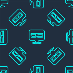 Wall Mural - Green line 3D cinema glasses icon isolated seamless pattern on blue background. Vector