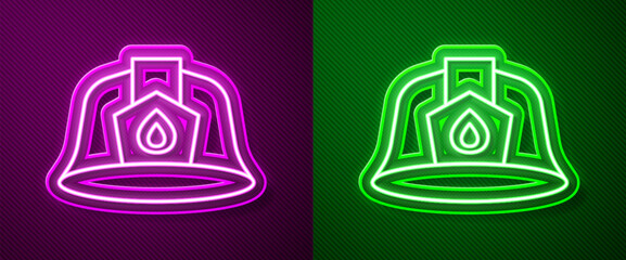 Wall Mural - Glowing neon line Firefighter helmet or fireman hat icon isolated on purple and green background. Vector