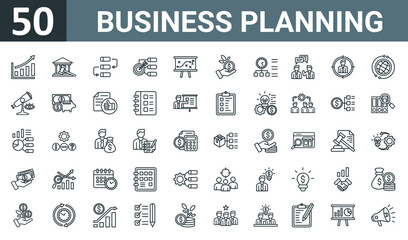 set of 50 outline web business planning icons such as growth, legal, workflow, objective, strategy, investment, time management vector thin icons for report, presentation, diagram, web design,