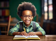 cute african American student sitting at table and reading in classroom