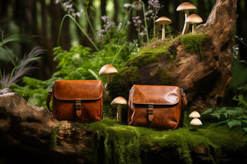 Eco bio-gradable vegan bag made of mycelium leather, bio based sustainable alternative to leather made of mushroom spores and plant fibres Mushroom textile innovative materials leather. Generative AI