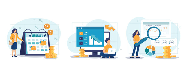 Sales performance isolated set. Financial profit growth, increase in earnings. People collection of scenes in flat design. Vector illustration for blogging, website, mobile app, promotional materials.
