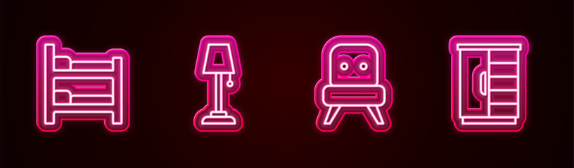 Poster - Set line Bunk bed, Floor lamp, Armchair and Wardrobe. Glowing neon icon. Vector