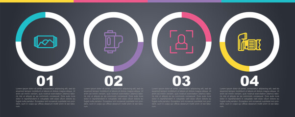 Set line Photo frame, Camera film roll cartridge, focus line and camera. Business infographic template. Vector