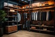 Clothing displayed on racks and in lockers in a trendy dressing room at a store. Generative AI