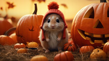 Cute Hamster On A Field Of Pumpkins. Hello Autumn. Seasons Greetings For Thanksgiving Or Halloween.