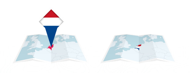 Wall Mural - Two versions of an Netherlands folded map, one with a pinned country flag and one with a flag in the map contour. Template for both print and online design.