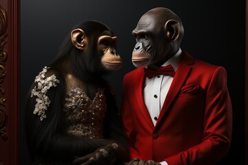 Wall Mural - Monkey couple in a wedding dress on a black background. Studio shot. Wedding couple in love, bride and groom on their wedding day.