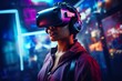 © Oleksandr Kozak - An attractive woman wearing virtual reality glasses, exploring metaverse world of digital art