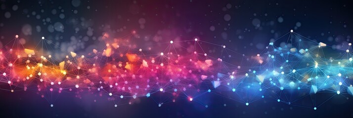An image of a network grid with multi-colored particles elegantly connected to each other.