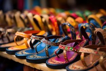 Kolhapuri Chappal- Colorful And Variety Of Ladies Ethnic Footwear Displayed On Sale At The Street Market In India. Kolhapuri Chappal In India Are Usually Wore With Ethnic Wear Of Indian Culture.