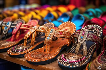 Kolhapuri Chappal- Colorful and variety of Ladies Ethnic Footwear displayed on sale at the street market in India. Kolhapuri Chappal in India are usually wore with Ethnic wear of Indian Culture.