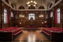 Inside St Georges Hall, Liverpool, UK. View Of Crown Court Room. Generative AI