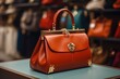 The female hand chooses a leather bag in a department store. High quality photo