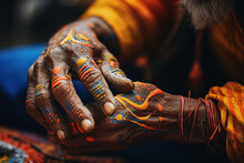 A Close-up Of A Person's Hand Intricately Painting Traditional Aboriginal Art In Australia, Conveying Stories And Connections To The Land. Generative Ai.