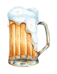 Watercolor illustration of beer with foam in a glass mug. Harvest festival, Oktoberfest beer festival. Composition for posters, postcards, banners, flyers, covers, posters and other printing products.