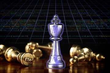 Wall Mural - chess piece among fallen ones on board against programming code