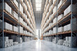 Huge distribution white warehouse with high shelves and loaders.