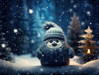 Canvas Print - A small stuffed animal wearing a hat in the snow. Generative AI.