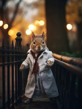 A Squirrel Dressed In A Coat And Tie. Generative AI.