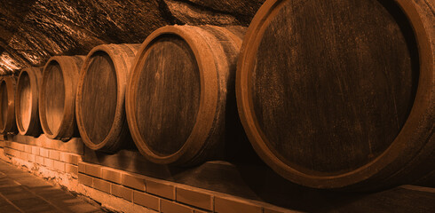 Wall Mural - Many wooden barrels in cellar, banner design