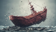 Sinking Ship Surrounded By Debt And Financial Burdens, Bankruptcy Concept. An Image Of A Sinking Ship Symbolizing Financial Troubles. Ideal For Conveying Economic Collapse