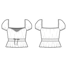 Technical Flat Sketch Of Gathering Detailed Blouse. Front Back Sketch Mock Up. Vector Short Sleeve Top With Sweetheart Neck. Woman Cropped Blouse W. Peplum Frill Hem, Template, Elasticated Waist, Tie.