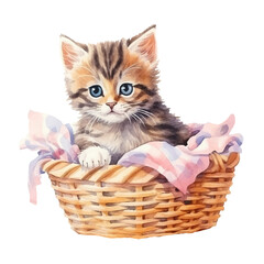 Wall Mural - kitten in basket watercolor illustration, generative AI