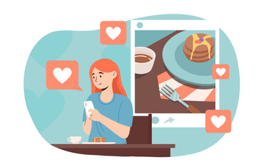 Poster - Woman make post with food. Blogger and influencer share with followers her breakfast. Popular personality and celebrity. Content creator in social networks. Cartoon flat vector illustration