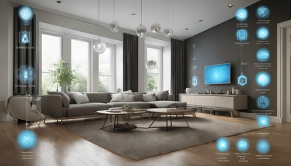 Wall Mural - Internet of Things concept with smart home featuring various connected devices and appliances - AI