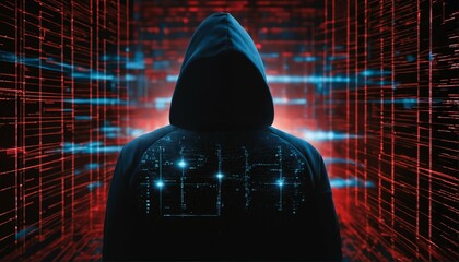 Sticker - Glowing data and intricate code surround anonymous hacker in black hoodie