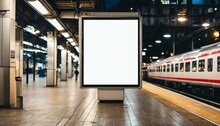 Blank White Digital Sign Billboard Poster Mockup In Train Station During Evening