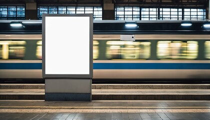 Blank white digital sign billboard poster mockup in train station during evening