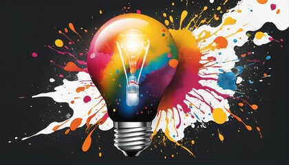 colorful paint explodes from creative light bulb and splashes on black background - think differentl