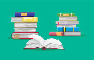 Stack of books set. Knowledge and information. Fiction and textbook. Studying and learning, education. Love for reading and literature. Cartoon flat vector collection isolated on green background