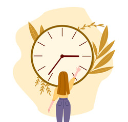 Woman with time management concept. Young girl near large clocks. Scheduling and planning. Organization of effective workflow. Hardworking and responsible worker. Cartoon flat vector illustration