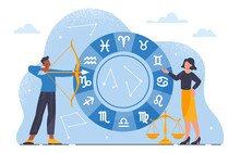 People With Zodiac Signs Concept. Man And Woman Near Wheel With Astrological Signs. Scorpio, Libra, Sagittarius And Cancer. Horoscope And Astrology. Cartoon Flat Vector Illustration