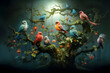 An imaginative scene of birds of different species perched on a mystical tree in a forest